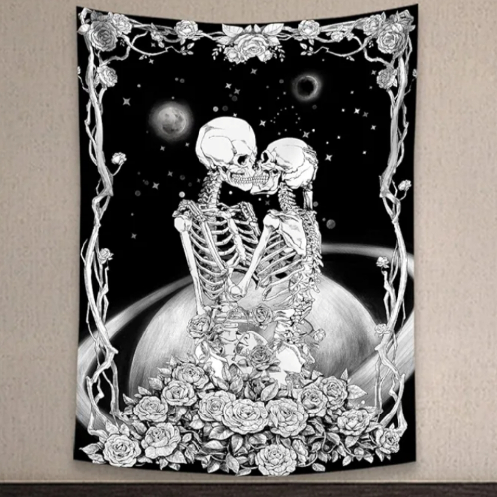 Kissing Skeleton Lovers Black and White Wall Tapestry Skeletons Roses Moon New